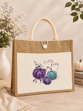 Hello Fall Purple & Blue Pumpkin Jute Tote Bag | Large Autumn Shopping Bag